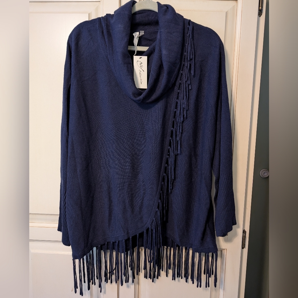 NY Collection Navy Blue Cowl Neck Fringe Sweater NWT